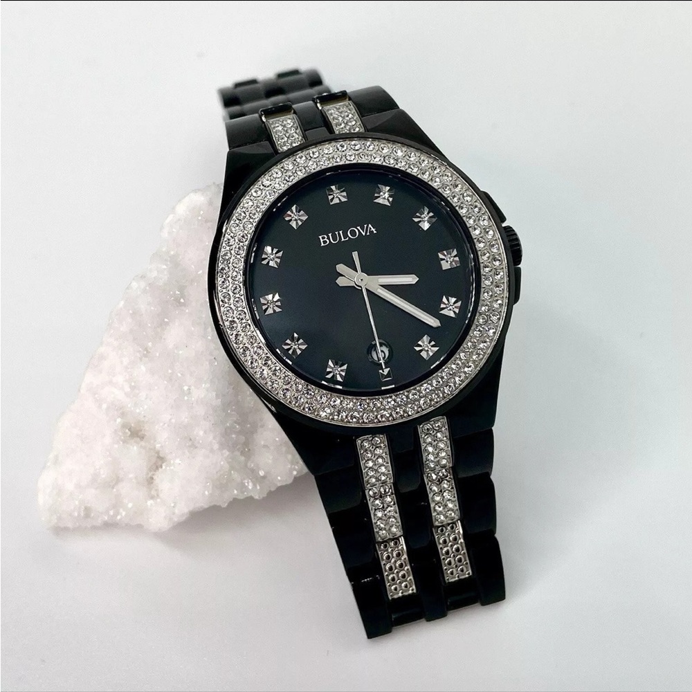 NIB Bulova Men's sleek Black Swarovski Crystal Watch RARE
